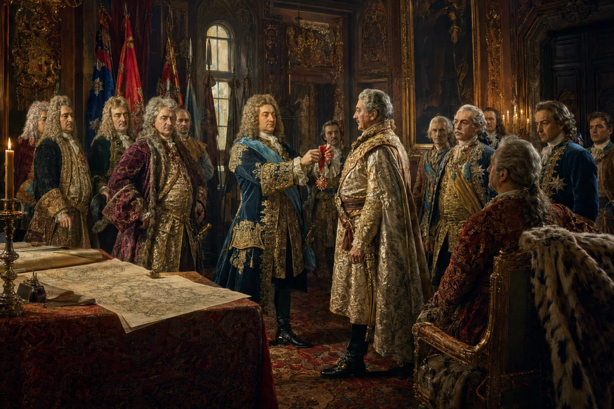 Ceremonia nadania Orderu Orła Białego na zamku w Tykocinie na początku XVIII wieku