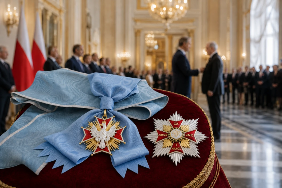 Ceremonia państwowa z Orderem Orła Białego we współczesnym reprezentacyjnym wnętrzu
