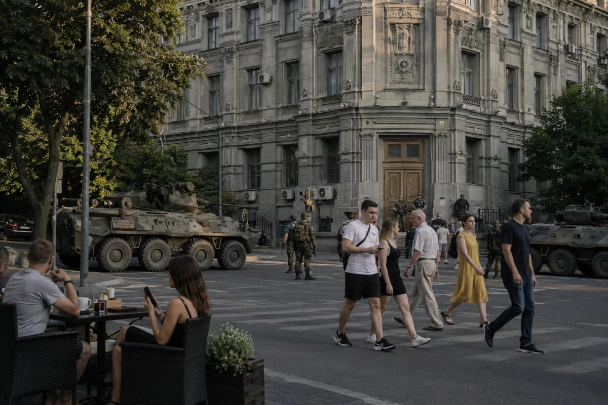 Pojazdy wojskowe i najemnicy przed budynkiem dowództwa w Rostowie nad Donem