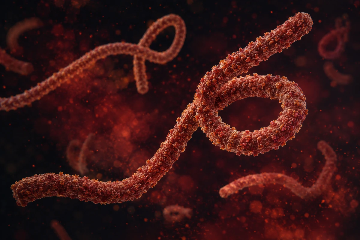 Abstrakcyjna wizualizacja nitkowatych form mikroskopowych symbolizujących wirusa Ebola
