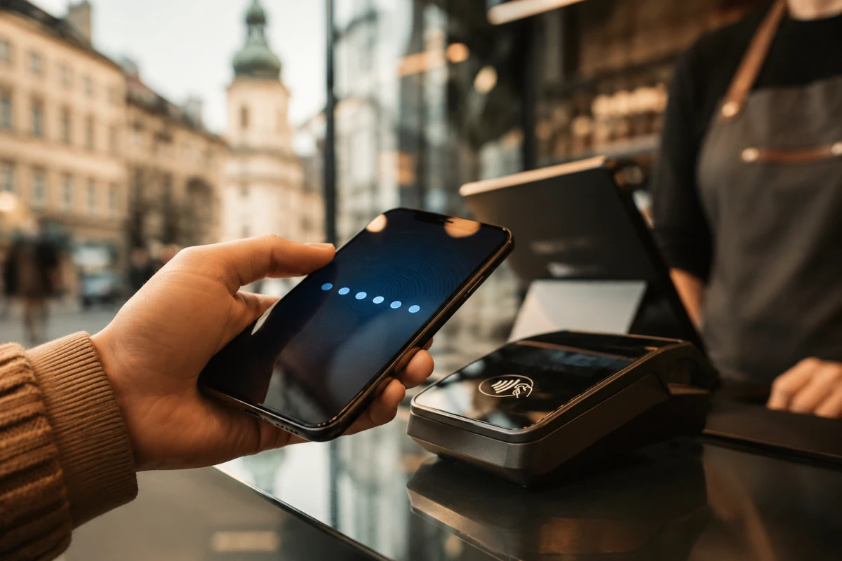 Smartfon używany do szybkiej płatności mobilnej przy sklepowej kasie
