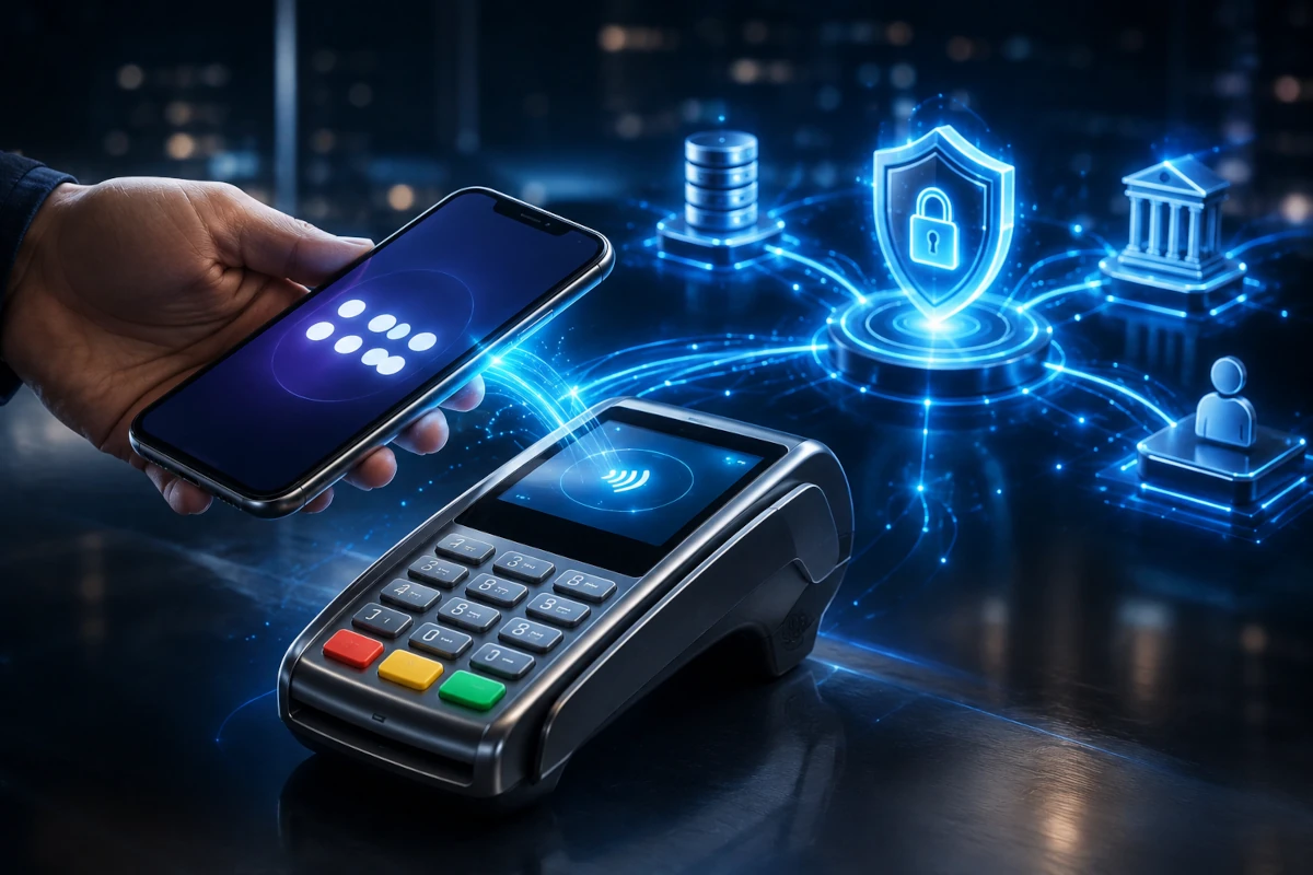 Smartfon i terminal płatniczy połączone przez bezpieczny cyfrowy system autoryzacji