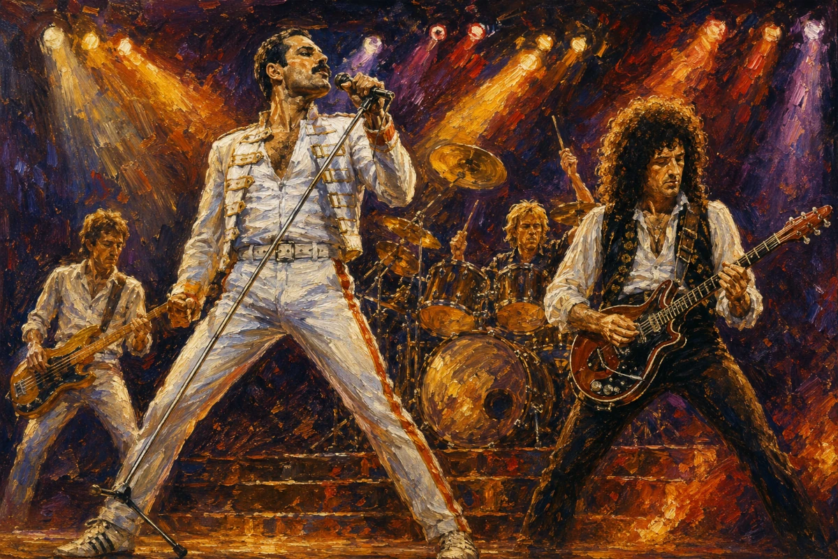 Malarska ilustracja czteroosobowego zespołu rockowego podczas koncertu