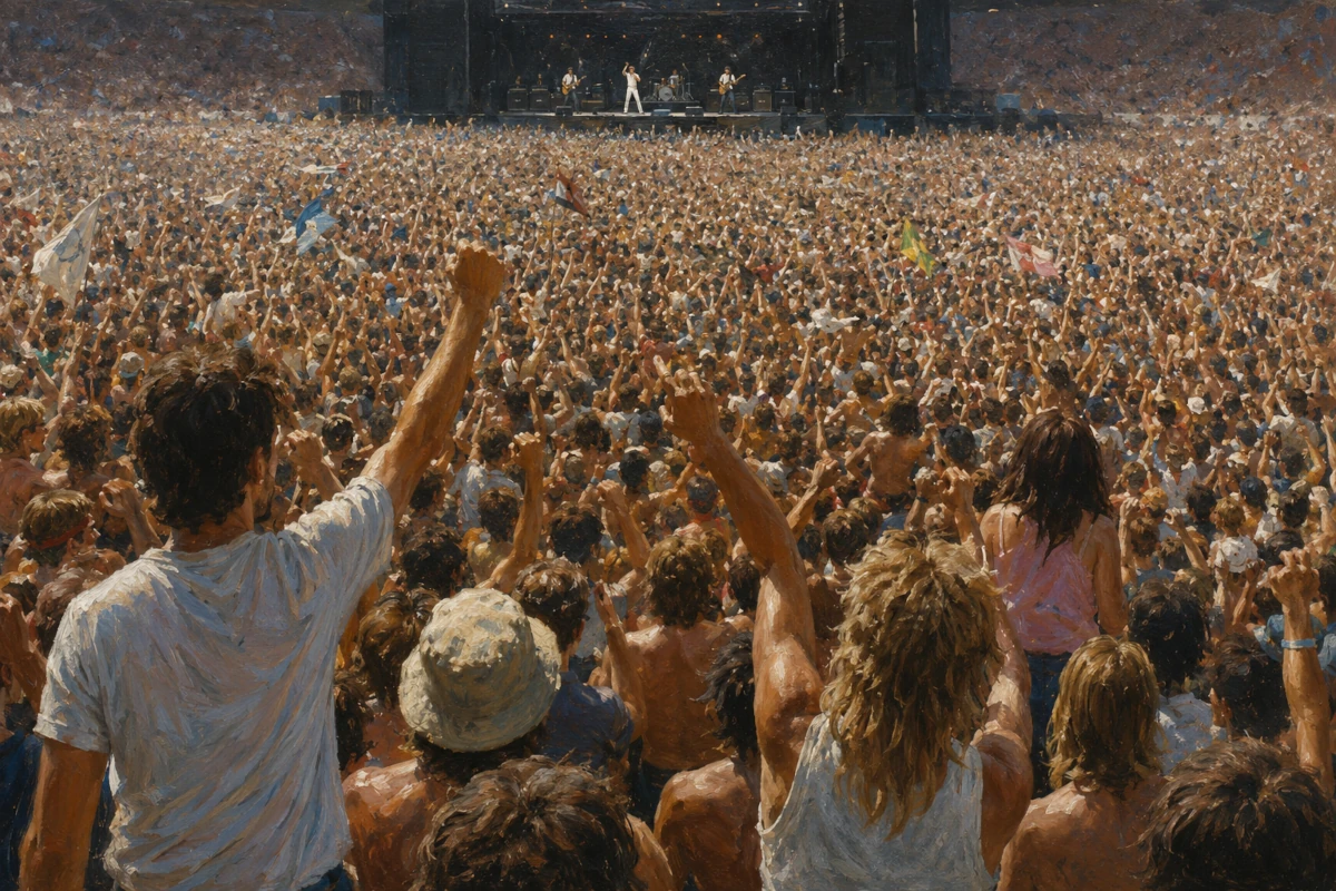 Tłum publiczności przed wielką sceną podczas stadionowego koncertu rockowego