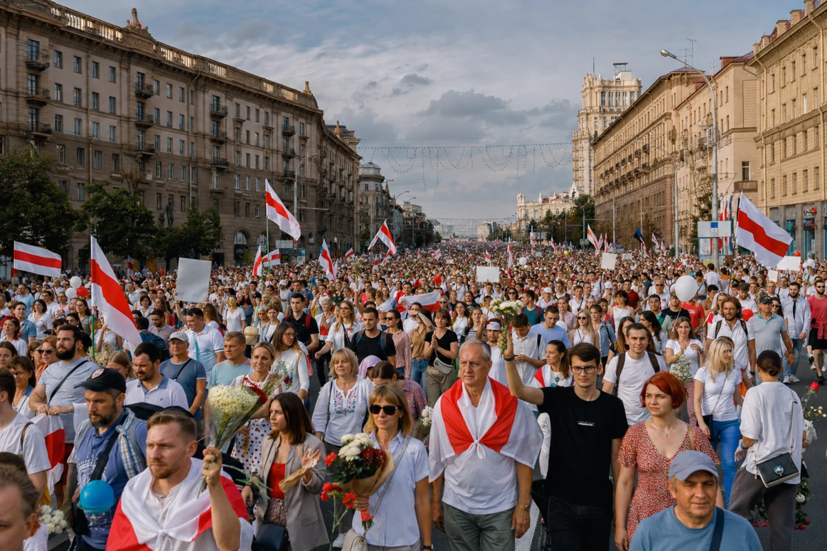 Masowy pokojowy marsz protestacyjny w Mińsku w 2020 roku