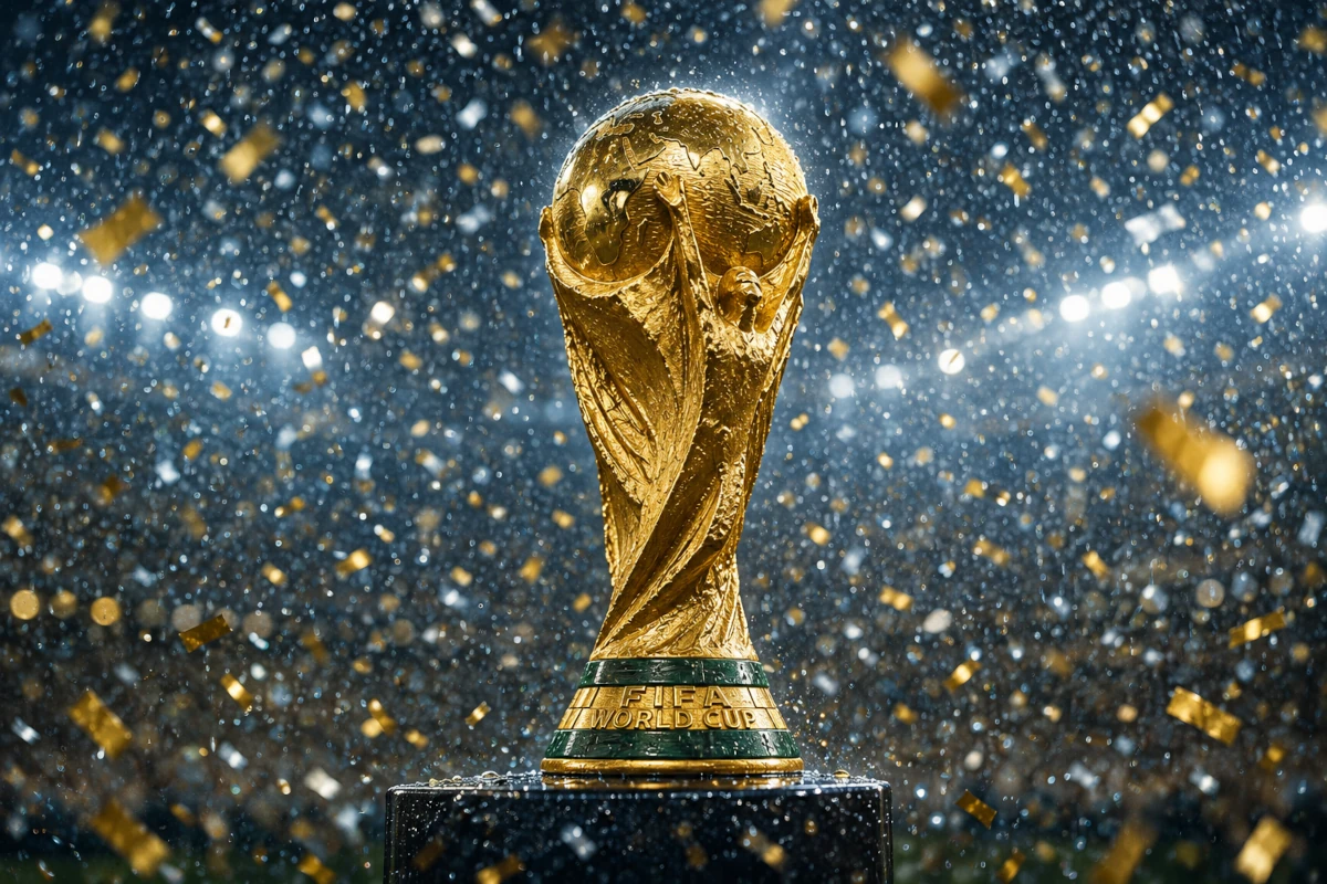 Puchar świata w piłce nożnej wśród złotego konfetti i stadionowych świateł
