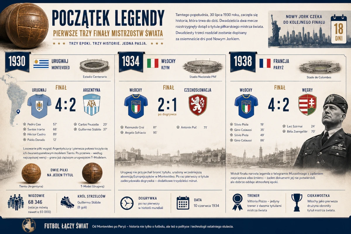 Infografika przedstawiająca finały mistrzostw świata z lat 1930, 1934 i 1938