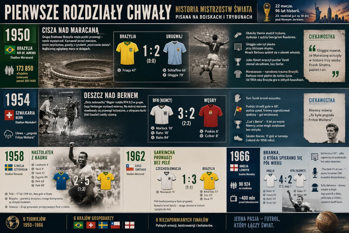 Infografika przedstawiająca finały mistrzostw świata z lat 1950–1966