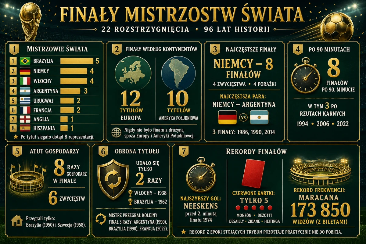 Infografika podsumowująca statystyki finałów mistrzostw świata w piłce nożnej