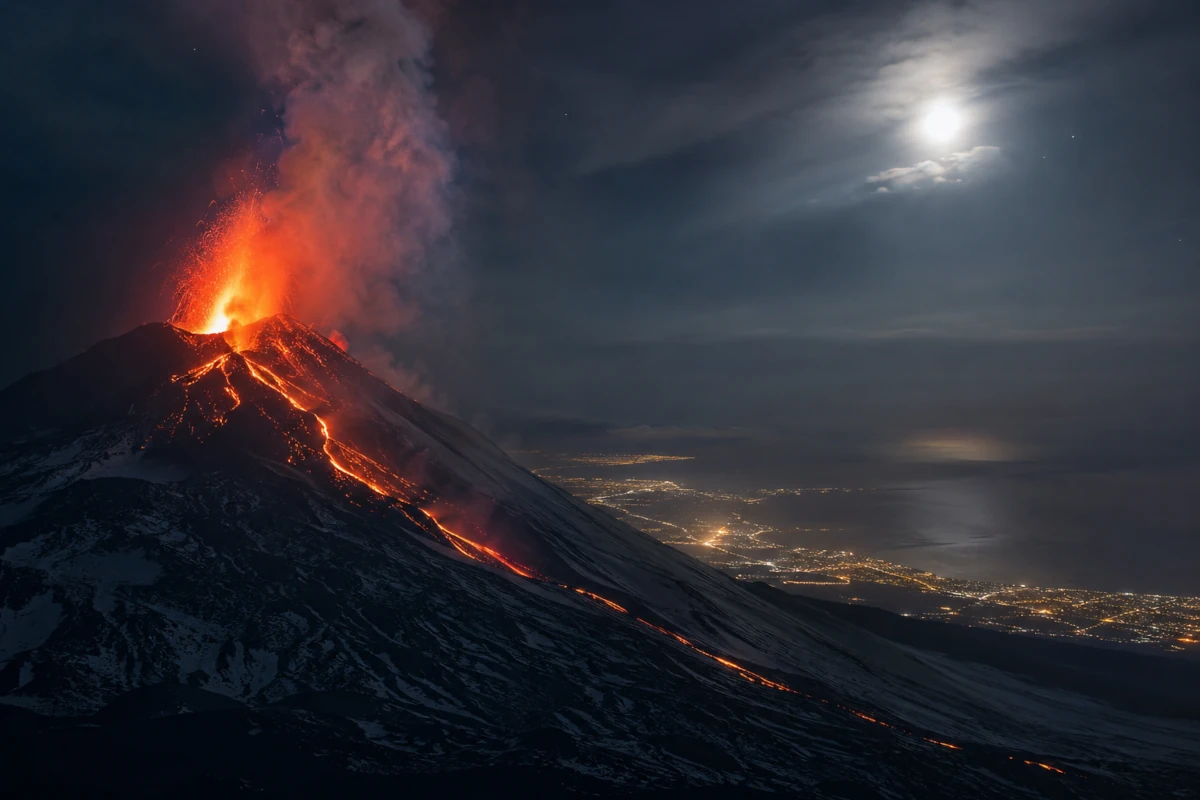 Etna nocą z fontanną lawy, potokiem spływającym po zboczu i światłami Katanii w oddali

