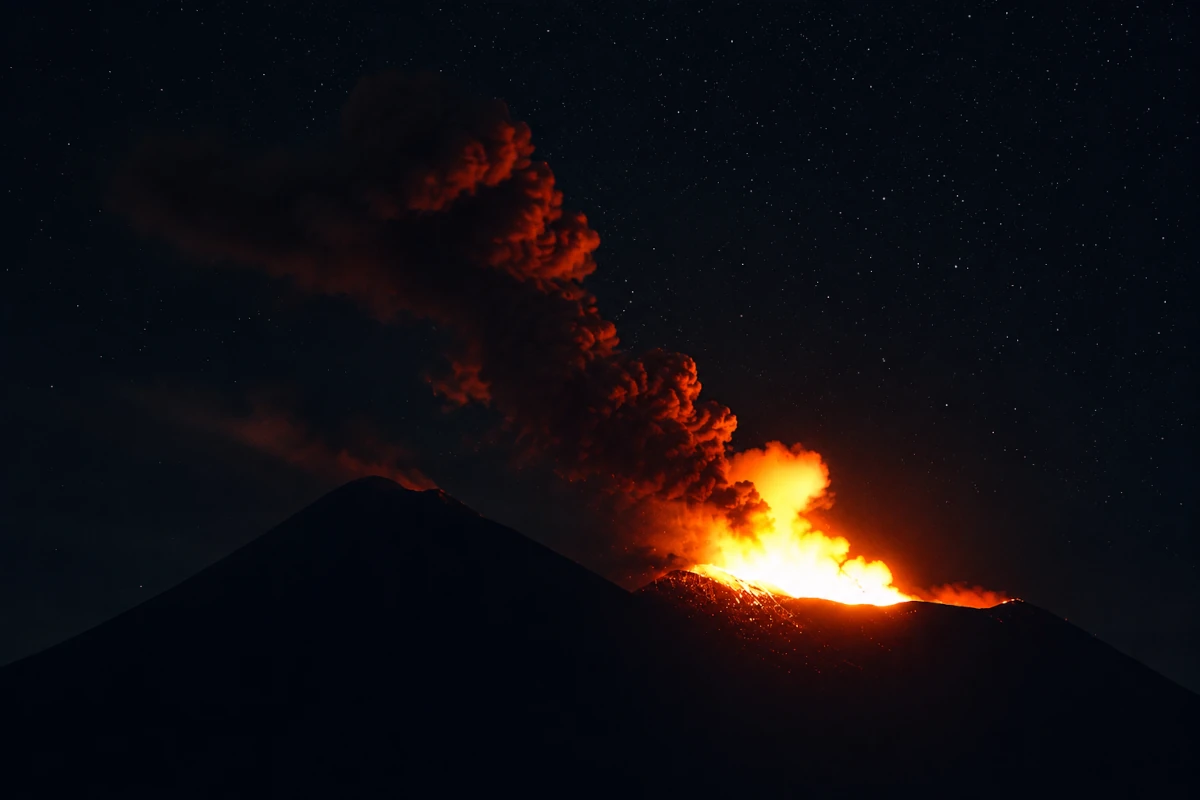 Nocna erupcja Etny z jasną fontanną lawy i ciemnym pióropuszem popiołu