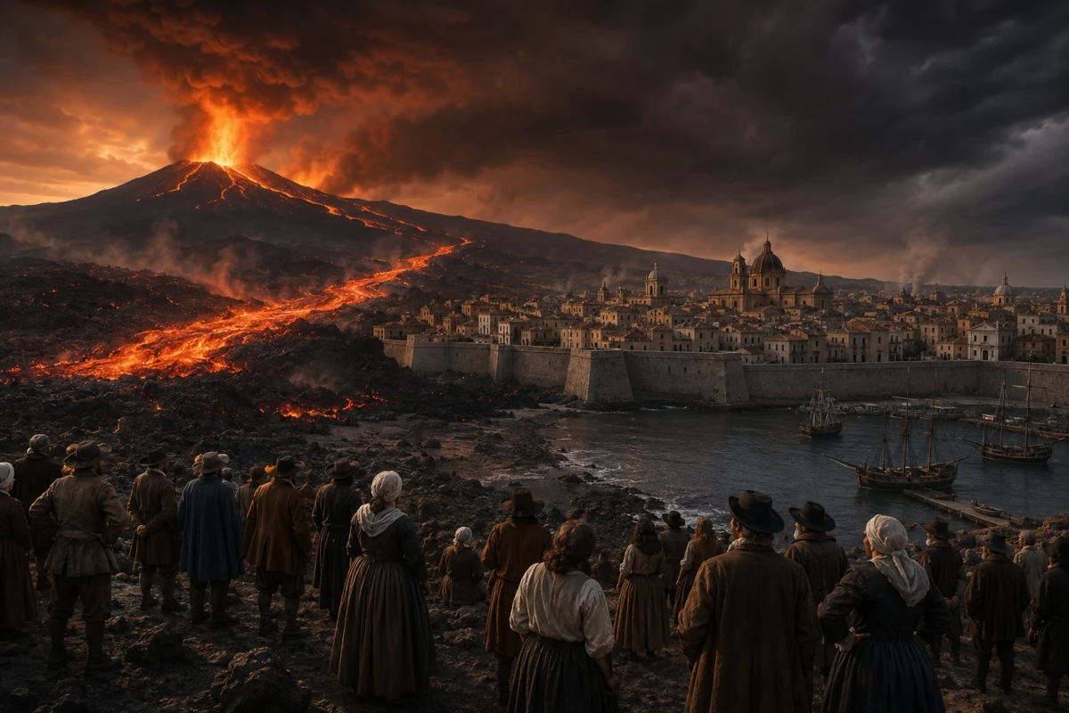Historyczna wizualizacja erupcji Etny z 1669 roku z lawą zbliżającą się do Katanii