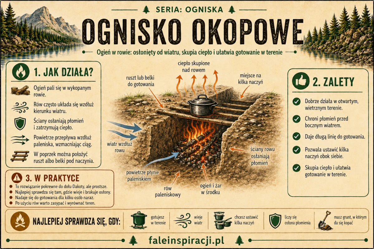 Infografika przedstawiająca ognisko okopowe rozpalone w ziemnym rowie