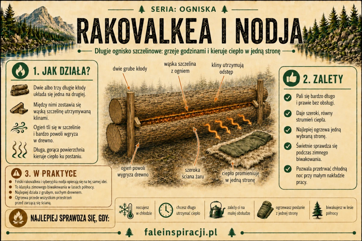 Infografika przedstawiająca rakovalkea i nodję z dwiema długimi kłodami oddzielonymi szczeliną