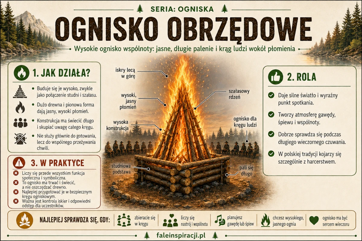 Infografika przedstawiająca wysokie ognisko obrzędowe z kręgiem ludzi wokół płomienia