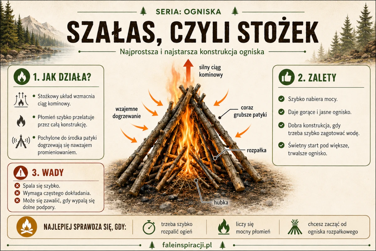 Infografika przedstawiająca ognisko typu szałas z pionowo ustawionymi patykami