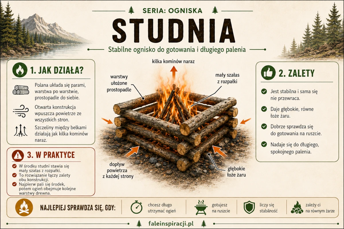 Infografika przedstawiająca ognisko typu studnia z kłodami układanymi warstwowo