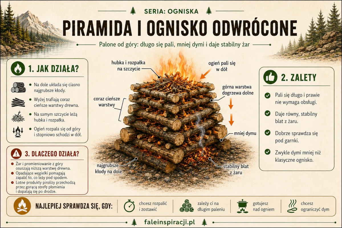 Infografika przedstawiająca piramidę drewna paloną od góry