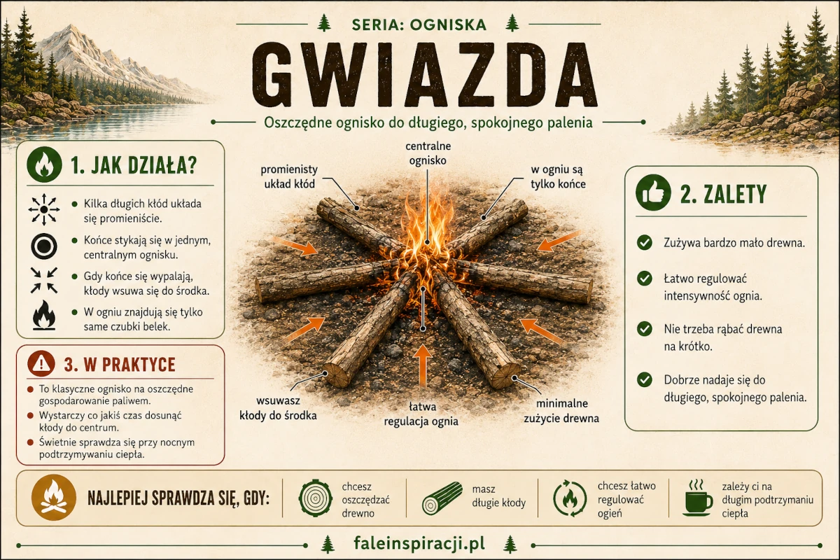 Infografika przedstawiająca ognisko gwiazda z długich kłód ułożonych promieniście