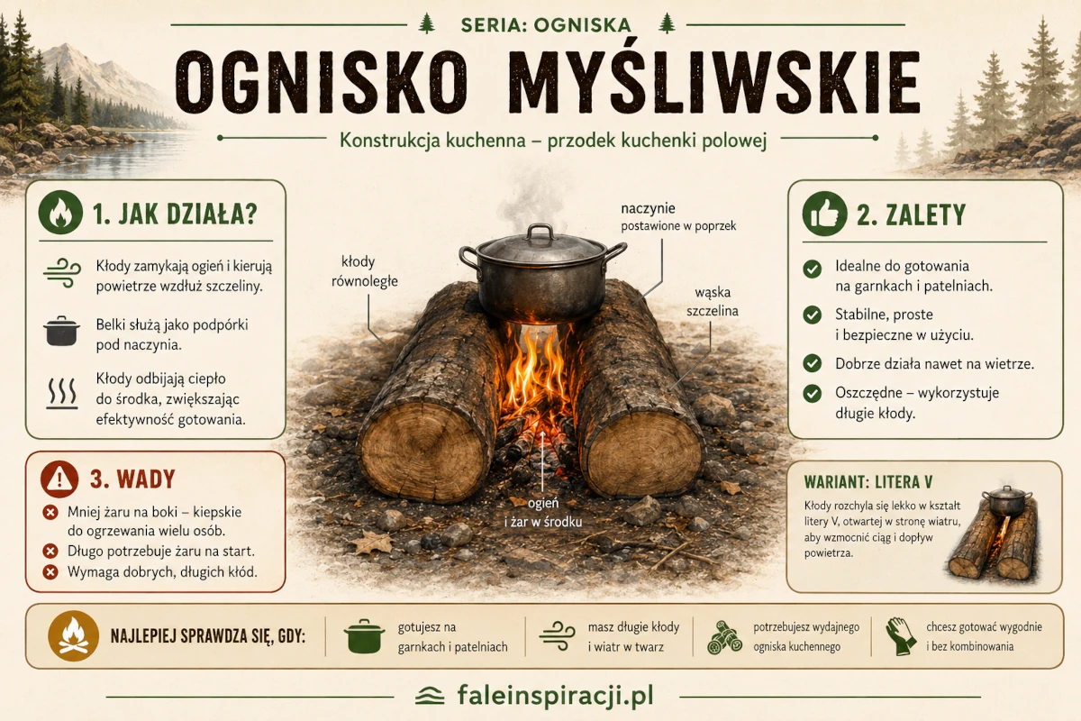 Infografika przedstawiająca ognisko myśliwskie z garnkiem ustawionym na dwóch równoległych kłodach