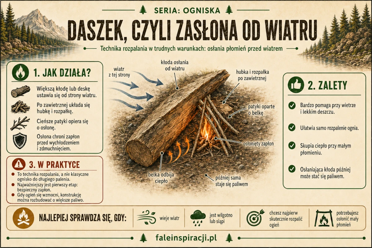Infografika przedstawiająca technikę rozpalania ognia pod daszkiem z dużej kłody