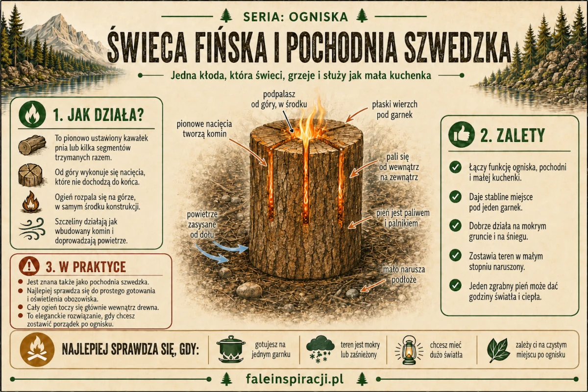 Infografika przedstawiająca świecę fińską z pionowymi nacięciami w pniu
