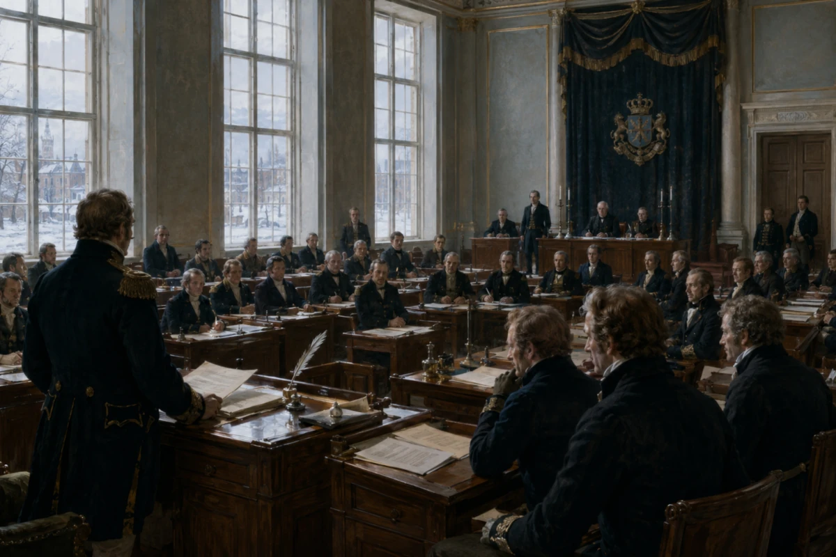 Historyczna sala szwedzkiego parlamentu z początku XIX wieku podczas prac nad reformą konstytucyjną