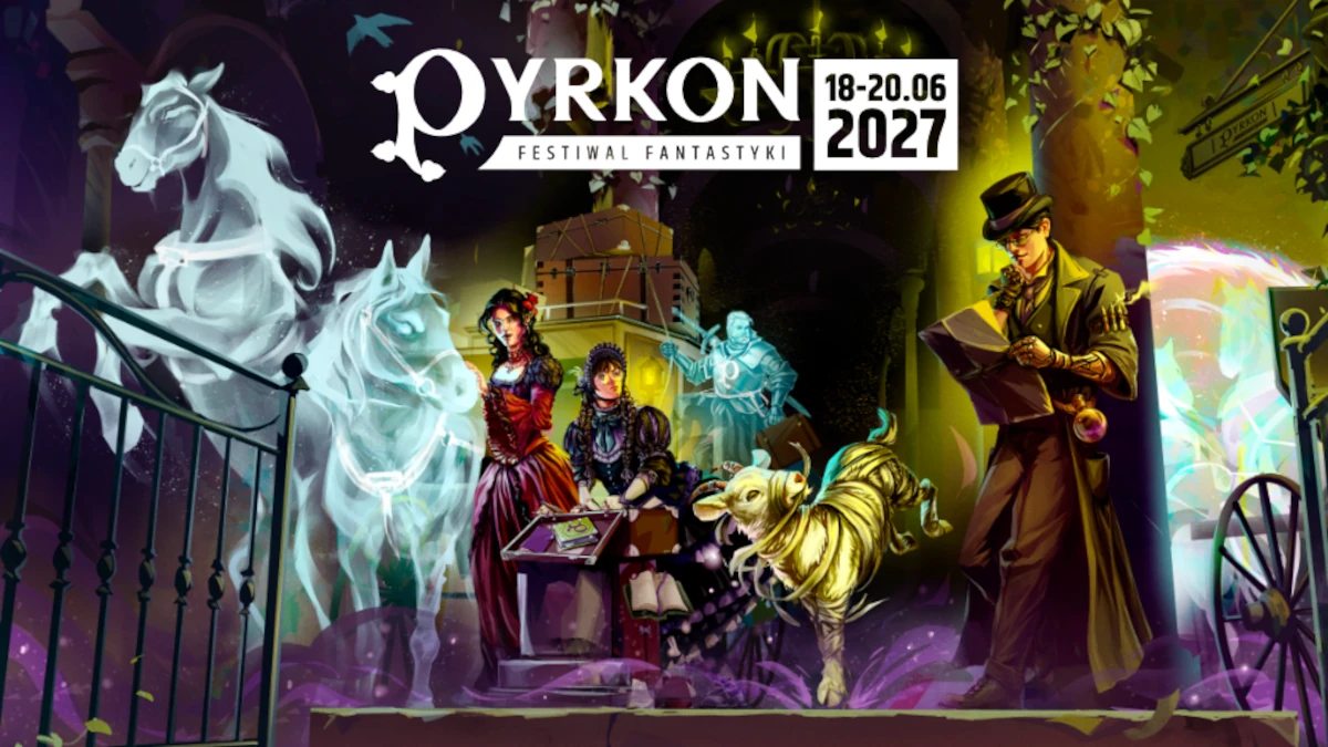 Grafika zapowiadająca Pyrkon 2027 z datą 18–20 czerwca 2027 i fantastyczną sceną podróży