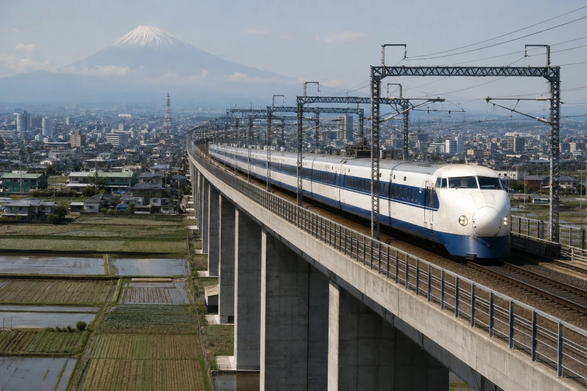 Pierwsza generacja japońskiego Shinkansena na wydzielonej linii kolejowej w latach sześćdziesiątych