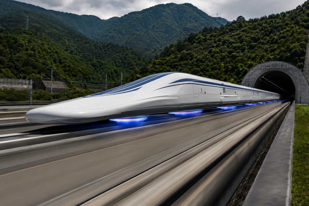 Japoński pociąg maglev lewitujący nad prowadnicą na torze testowym