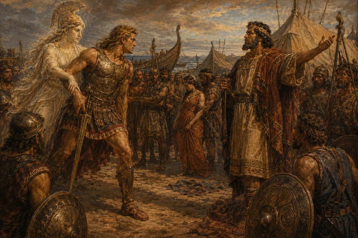 Achilles sięgający po miecz podczas sporu z Agamemnonem, powstrzymywany przez boginię Atenę