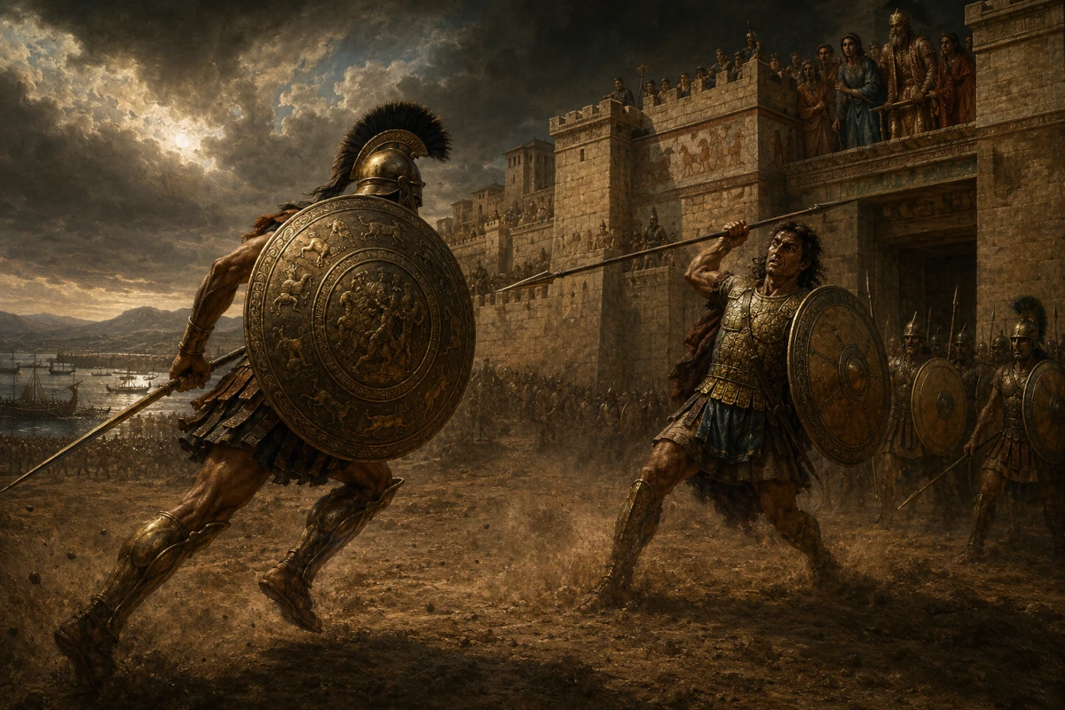 Achilles i Hektor stający do ostatecznego pojedynku przed murami Troi