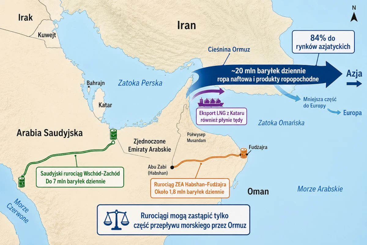 Infografika przepływu ropy i LNG przez cieśninę Ormuz oraz rurociągów omijających przesmyk