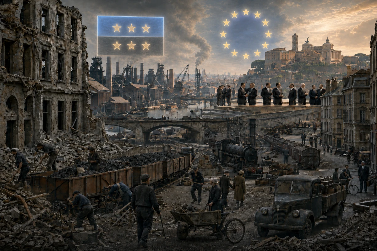 Symboliczna panorama przejścia od zrujnowanej powojennej Europy do narodzin współpracy europejskiej zakończonej traktatami rzymskimi
