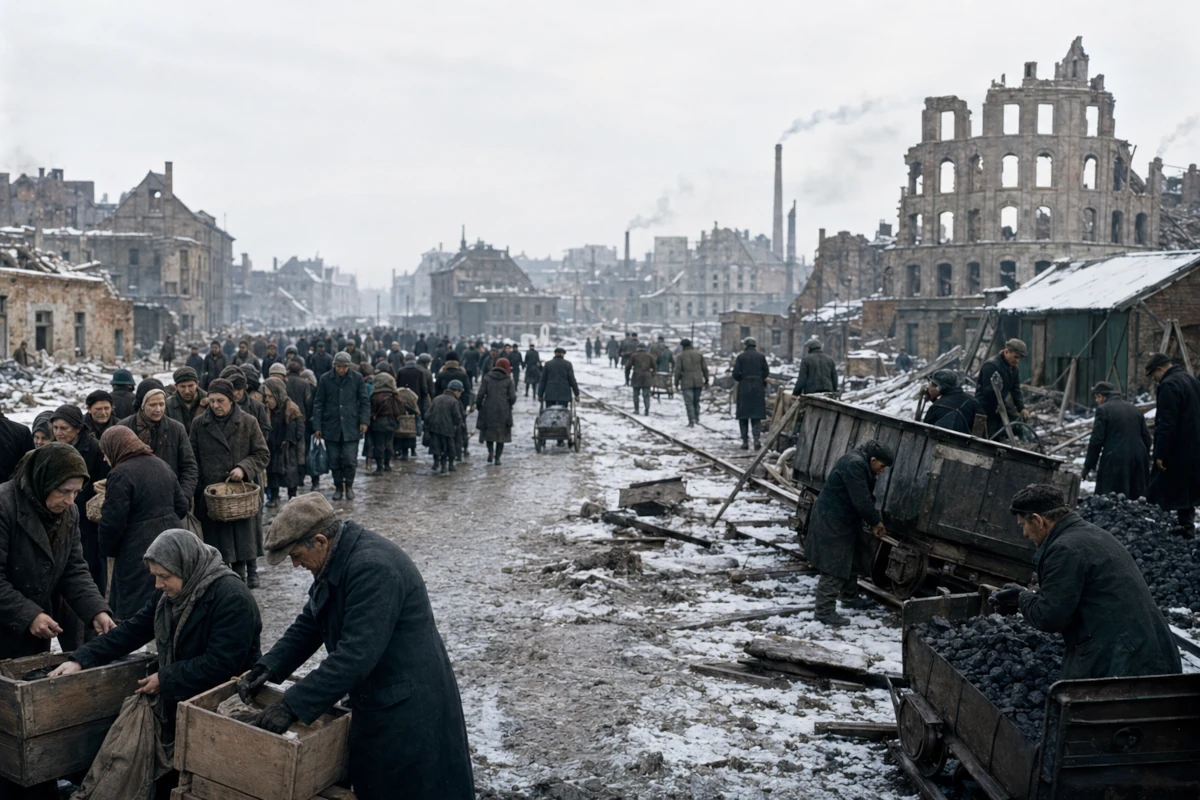 Zrujnowane powojenne miasto w Europie Zachodniej podczas ciężkiej zimy 1946–1947