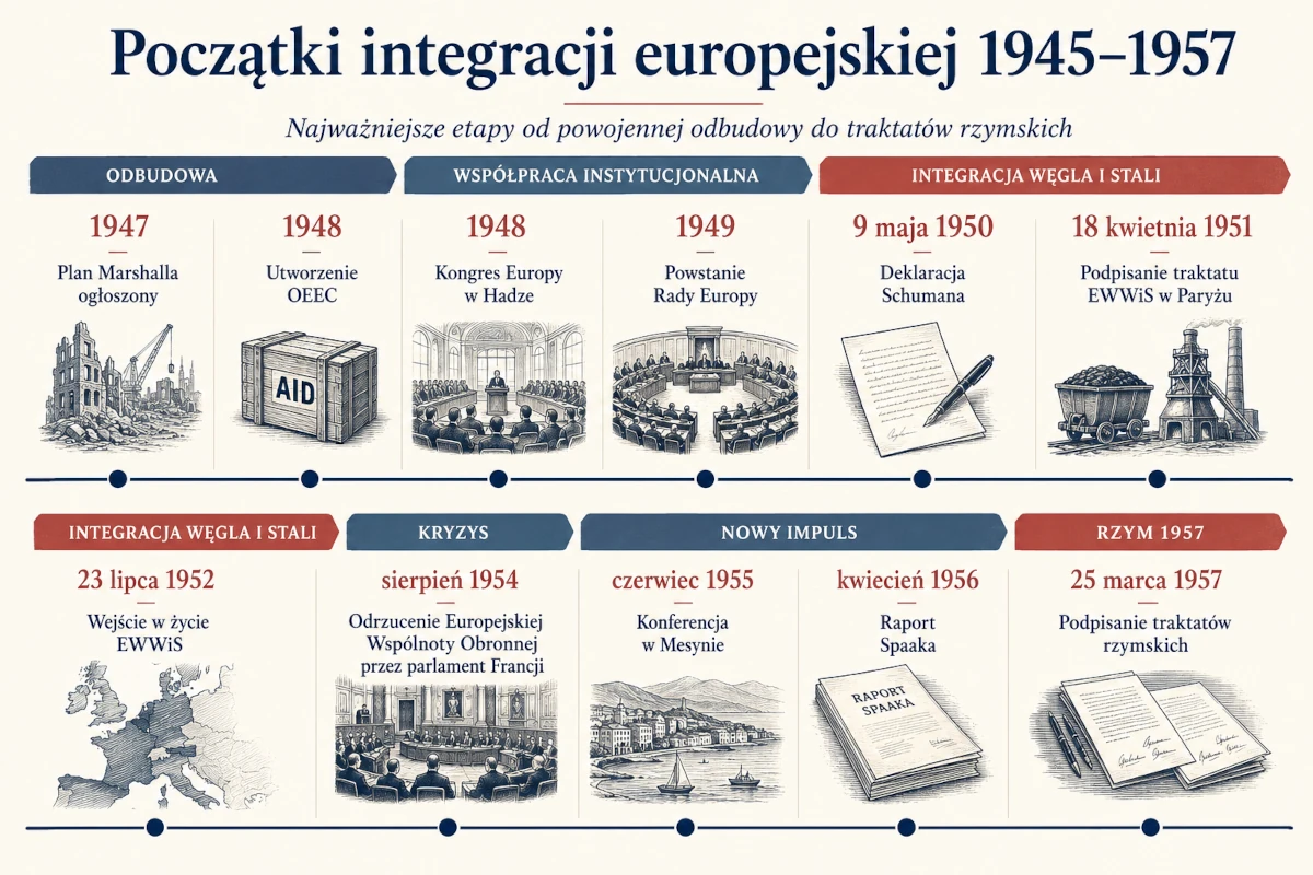 Infografika pokazująca sześć państw założycielskich oraz pierwsze wspólnoty europejskie: EWWiS, EWG i Euratom