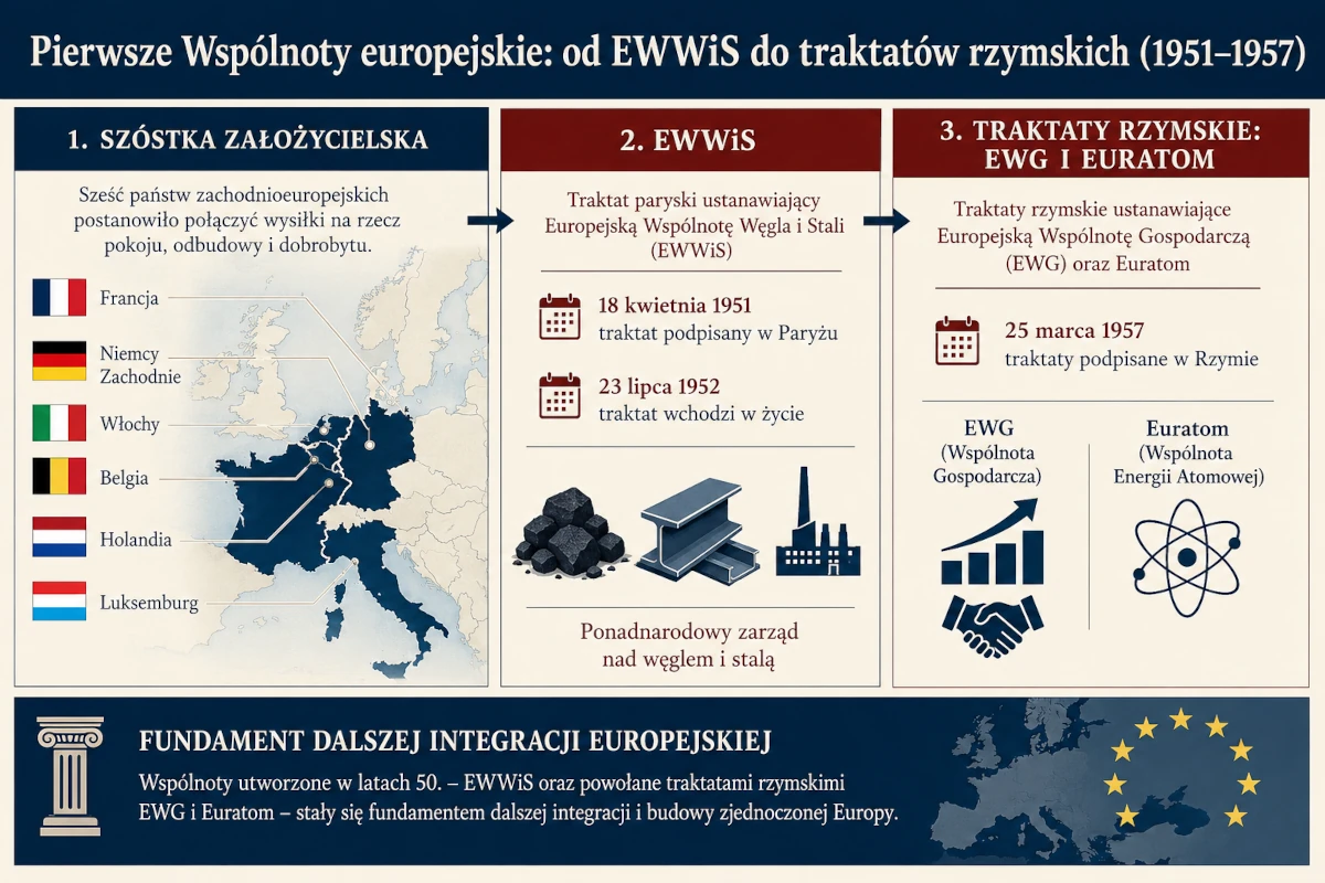 Infografika pokazująca najważniejsze etapy integracji europejskiej od 1945 do 1957 roku