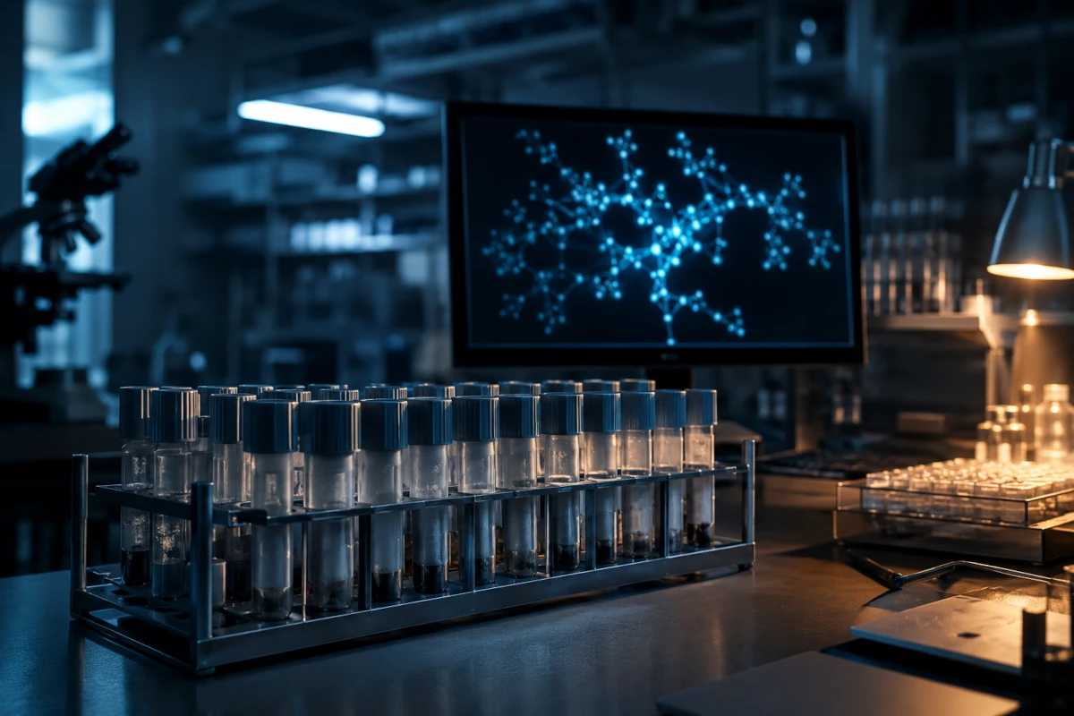 Próbki biologiczne w laboratorium genetyki sądowej oraz komputerowa wizualizacja sieci powiązań DNA
