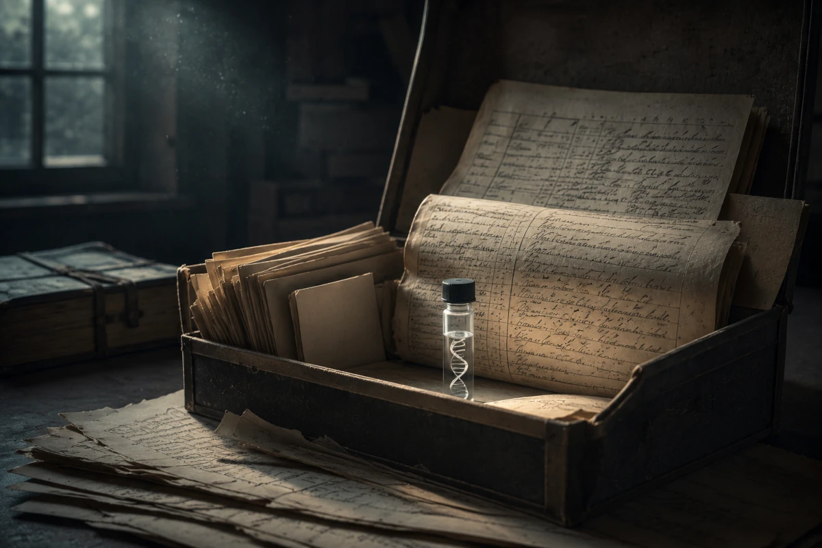 Archiwalne księgi genealogiczne i próbka DNA jako symbol połączenia dokumentów historycznych z analizą genetyczną