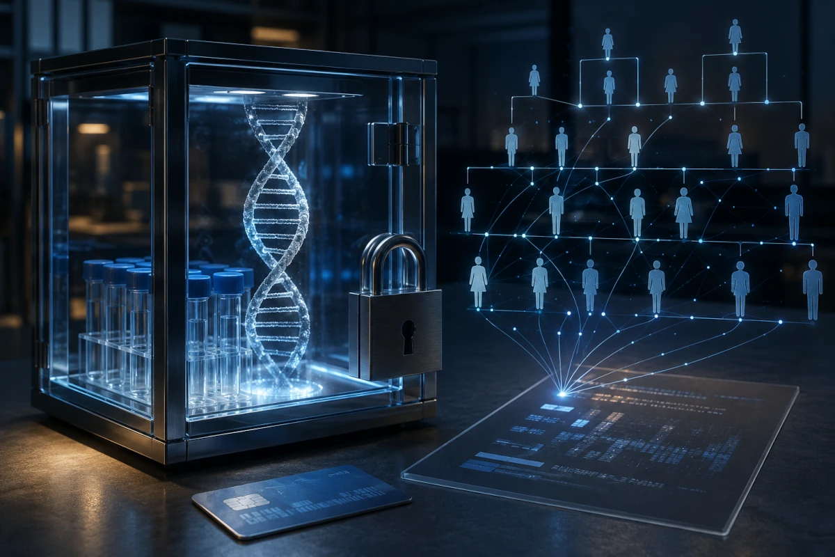 Symboliczna ilustracja prywatności danych DNA i powiązań genetycznych pomiędzy krewnymi