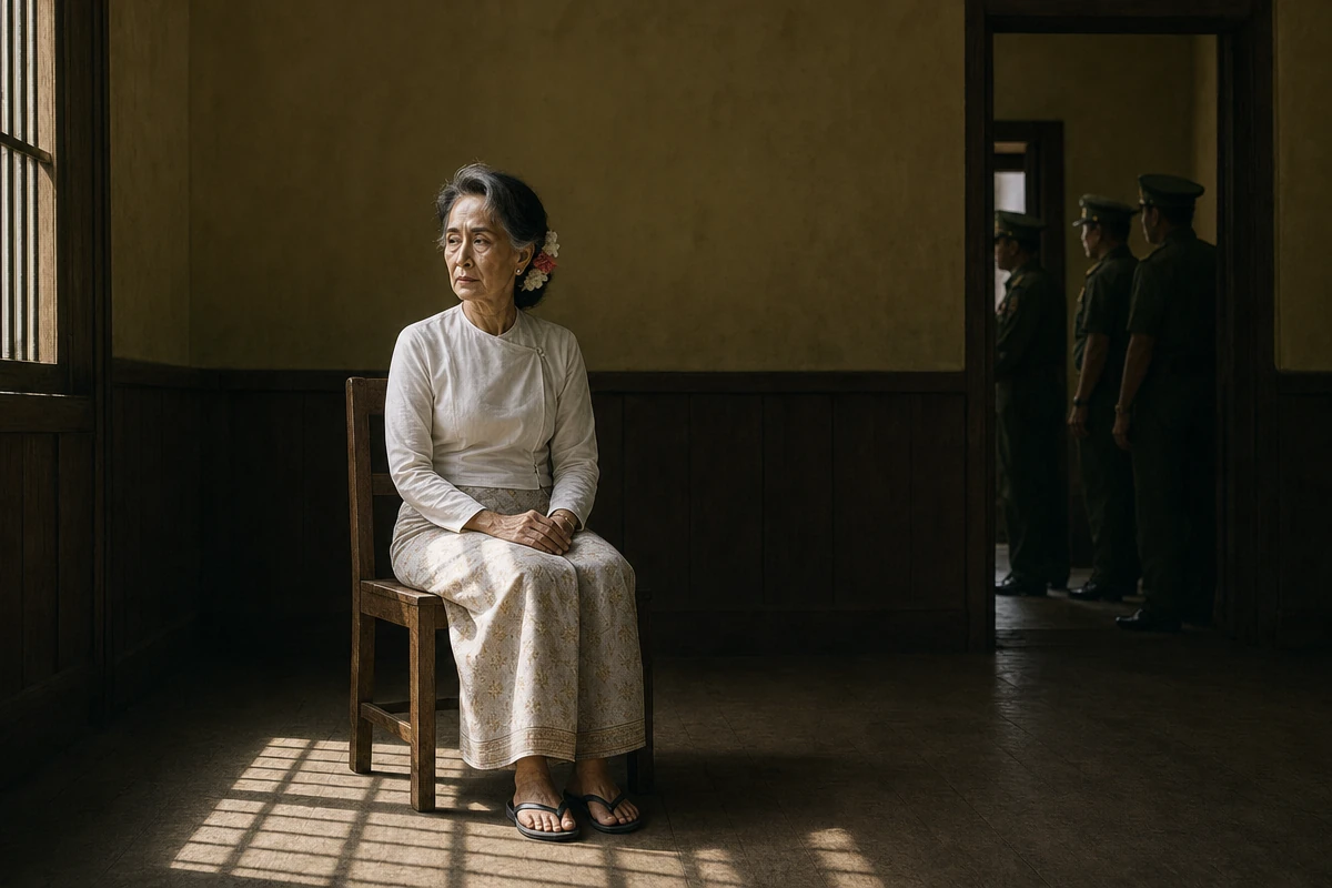 Starsza Aung San Suu Kyi w skromnym pokoju, z cieniem krat i sylwetkami wojskowych w tle.
