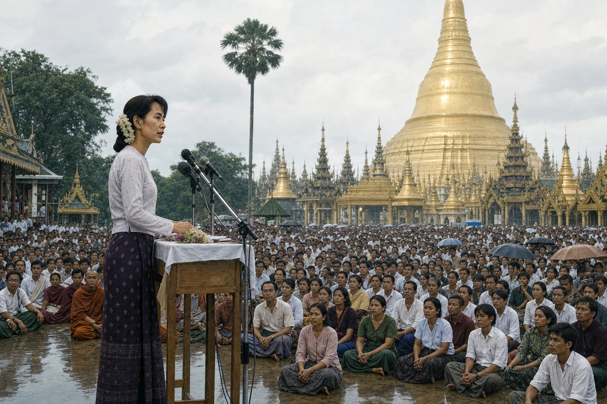 Aung San Suu Kyi przemawia do wielkiego tłumu u stóp pagody Szwedagon w 1988 roku.