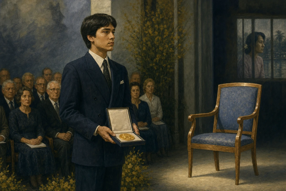 Alexander Aris odbiera Pokojową Nagrodę Nobla przy pustym miejscu symbolizującym nieobecną matkę.