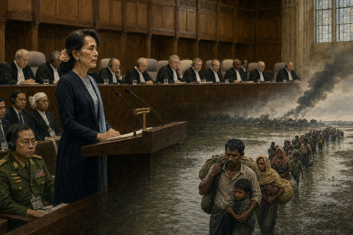 Aung San Suu Kyi przemawia przed trybunałem w Hadze, a w drugim planie Rohingjowie uciekają przez granicę.