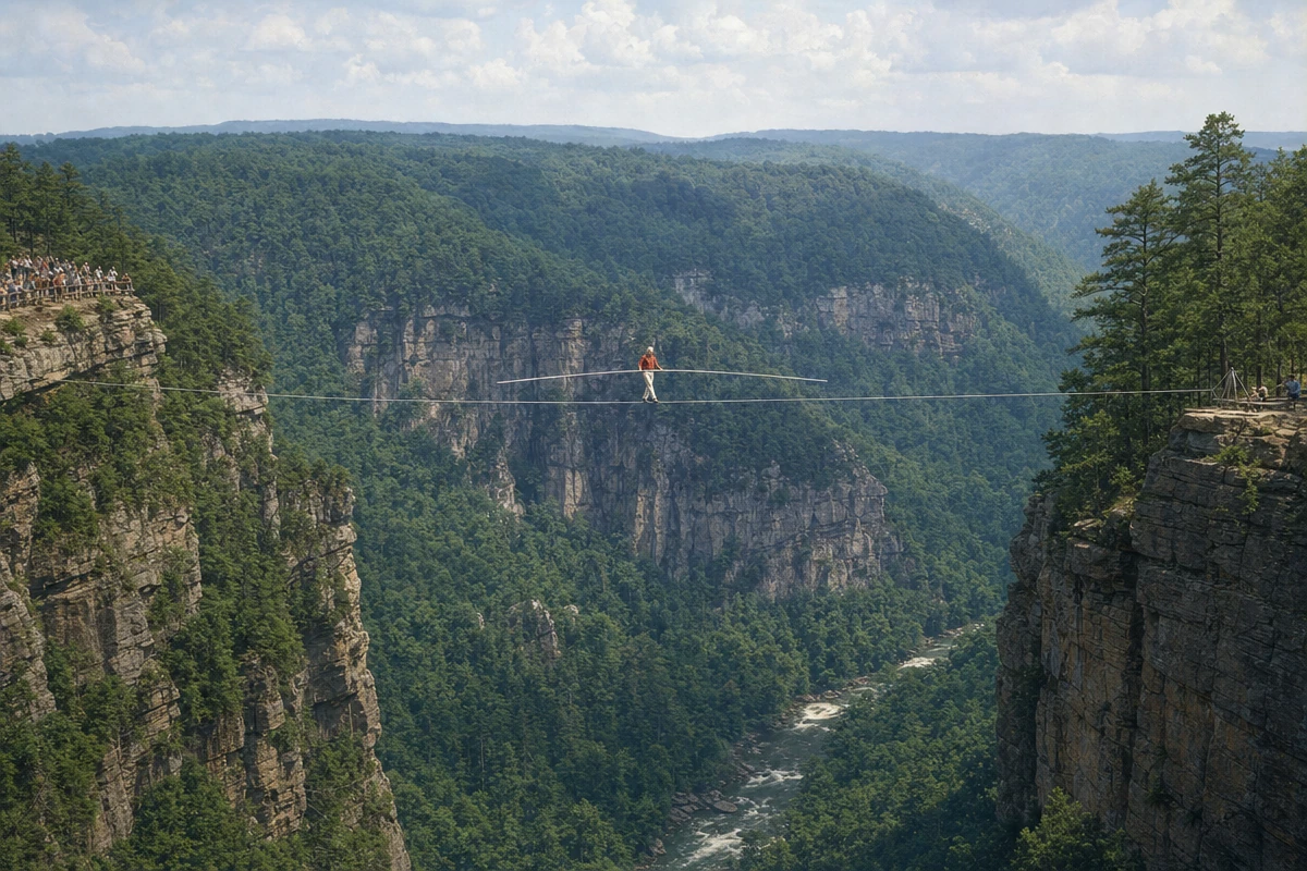 Balansowanie na linie rozpiętej nad kanionem.