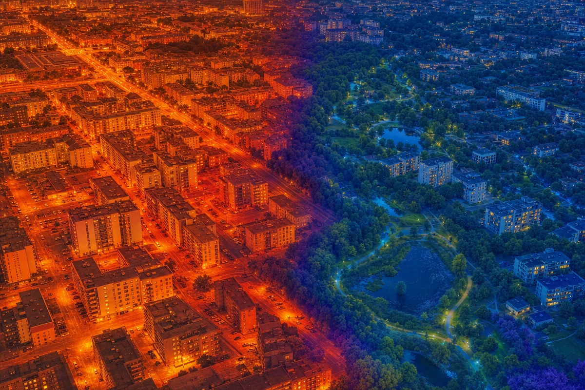 Nocny widok miasta z cieplejszą zwartą zabudową i chłodniejszym osiedlem otoczonym zielenią.
