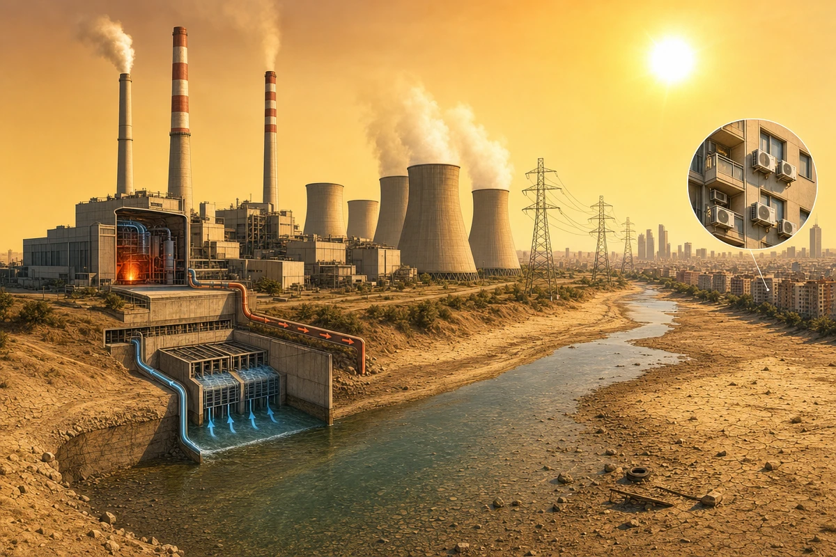 Elektrownia cieplna nad rzeką o niskim stanie wody zasila miasto podczas fali upałów.