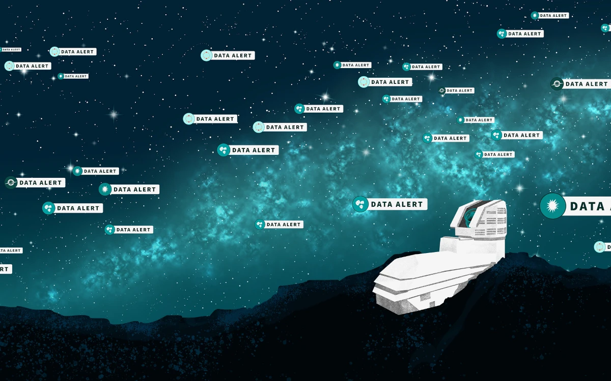 Artystyczna wizualizacja strumienia alertów generowanych przez Vera C. Rubin Observatory