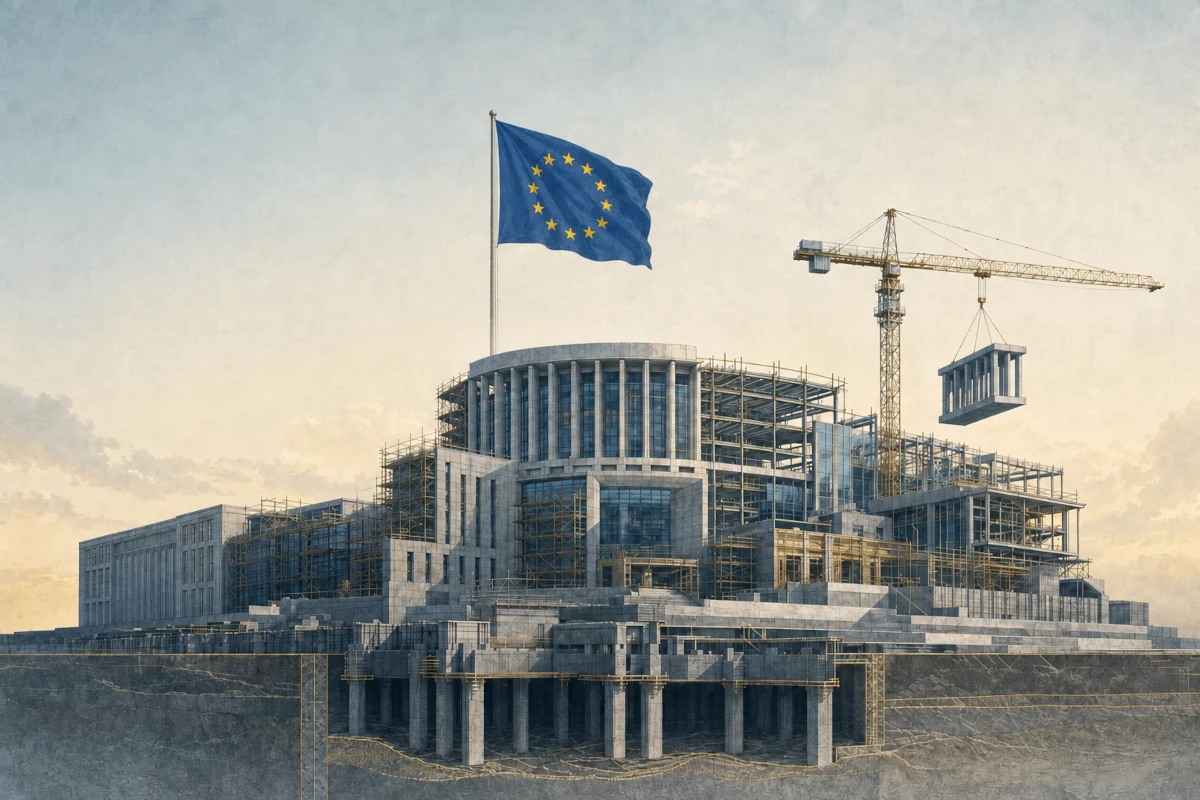 Budynek europejskich instytucji w trakcie rozbudowy, otoczony rusztowaniami i dźwigami, z flagą Unii Europejskiej
