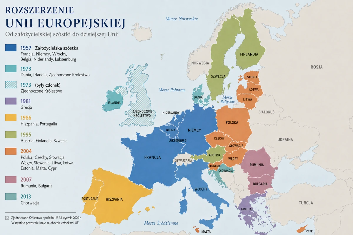 Mapa Europy przedstawiająca kolejne fale rozszerzeń Unii Europejskiej od państw założycielskich do Chorwacji